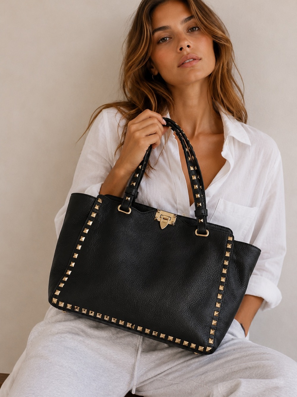 INZI Genuine Leather Black Studded Rockstud Style Tote Bag Gold Hardware Large